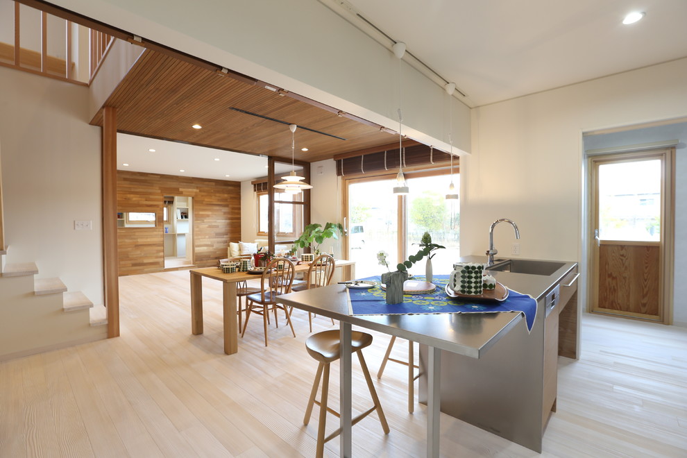 На фото: кухня-гостиная в скандинавском стиле с светлым паркетным полом, столешницей из нержавеющей стали, островом и бежевым полом с