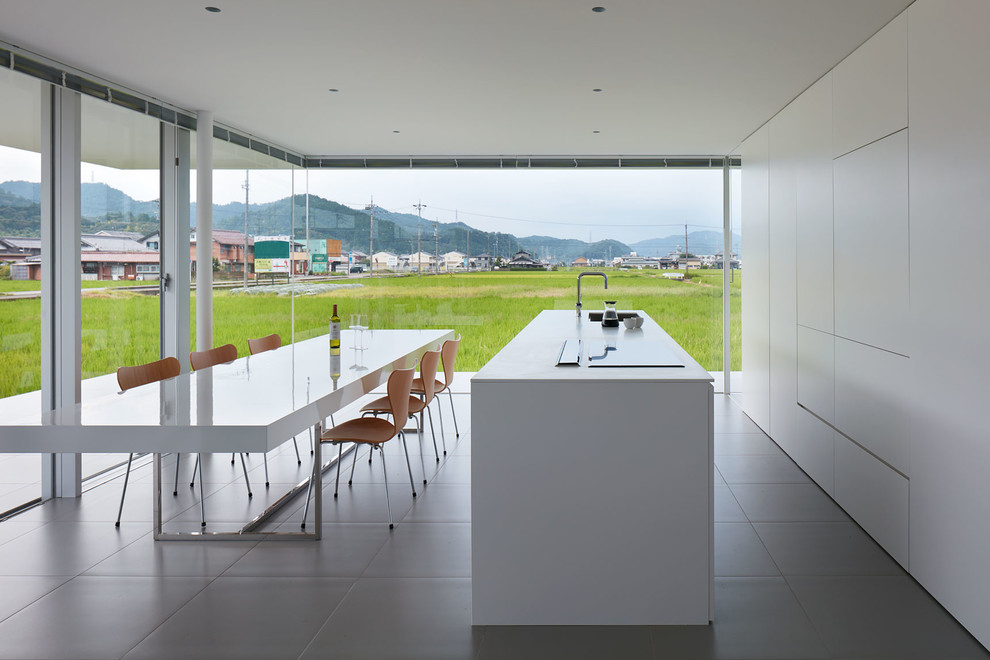 Design ideas for a modern single-wall open plan kitchen in Tokyo Suburbs with a submerged sink, flat-panel cabinets, white cabinets, stainless steel appliances, an island and grey floors.