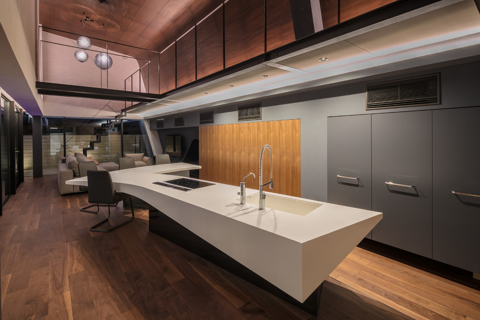 Ejemplo de cocina lineal actual con armarios con paneles lisos, puertas de armario grises, suelo de madera oscura, una isla y suelo marrón