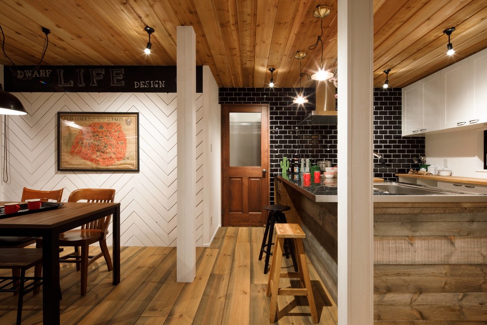 Foto på ett industriellt kök, med en enkel diskho, luckor med infälld panel, vita skåp, bänkskiva i rostfritt stål, mellanmörkt trägolv, en halv köksö och brunt golv