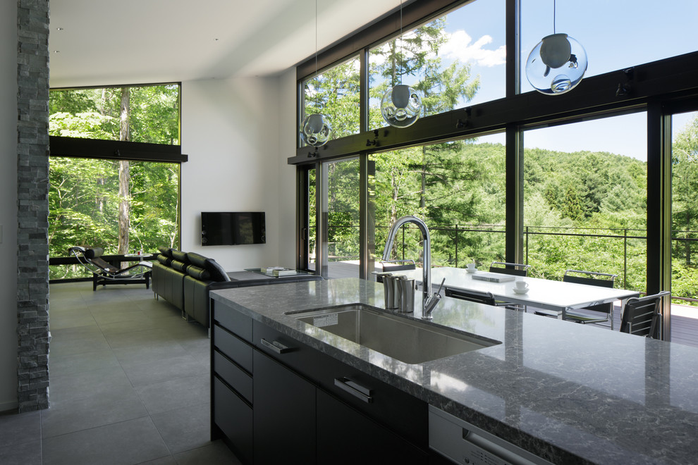 На фото: кухня-гостиная в современном стиле с врезной мойкой, плоскими фасадами и техникой из нержавеющей стали