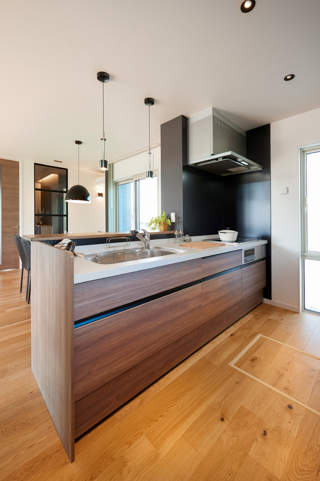 Foto de cocina lineal minimalista de tamaño medio abierta con suelo de madera clara, península, suelo beige y encimeras marrones