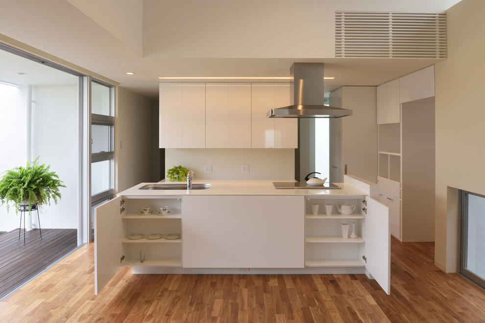 Idées déco pour une cuisine linéaire moderne avec un évier 1 bac, un placard à porte plane, des portes de placard blanches, un sol en bois brun, îlot et un sol marron.