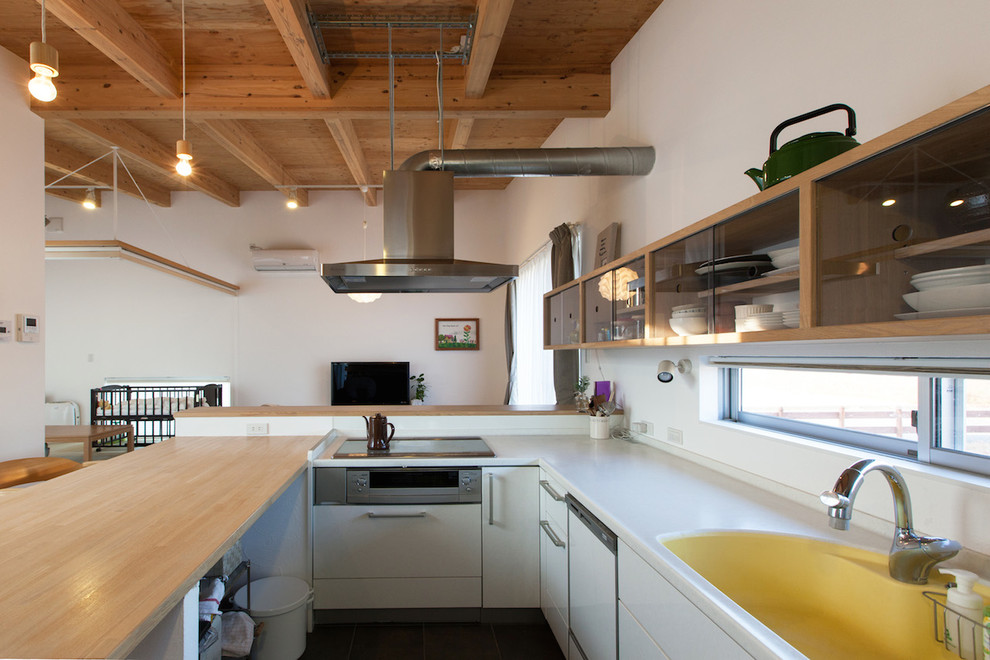 他の地域にあるコンテンポラリースタイルのおしゃれなキッチン (シングルシンク、白いキャビネット、白いキッチンパネル、フラットパネル扉のキャビネット、木材カウンター) の写真