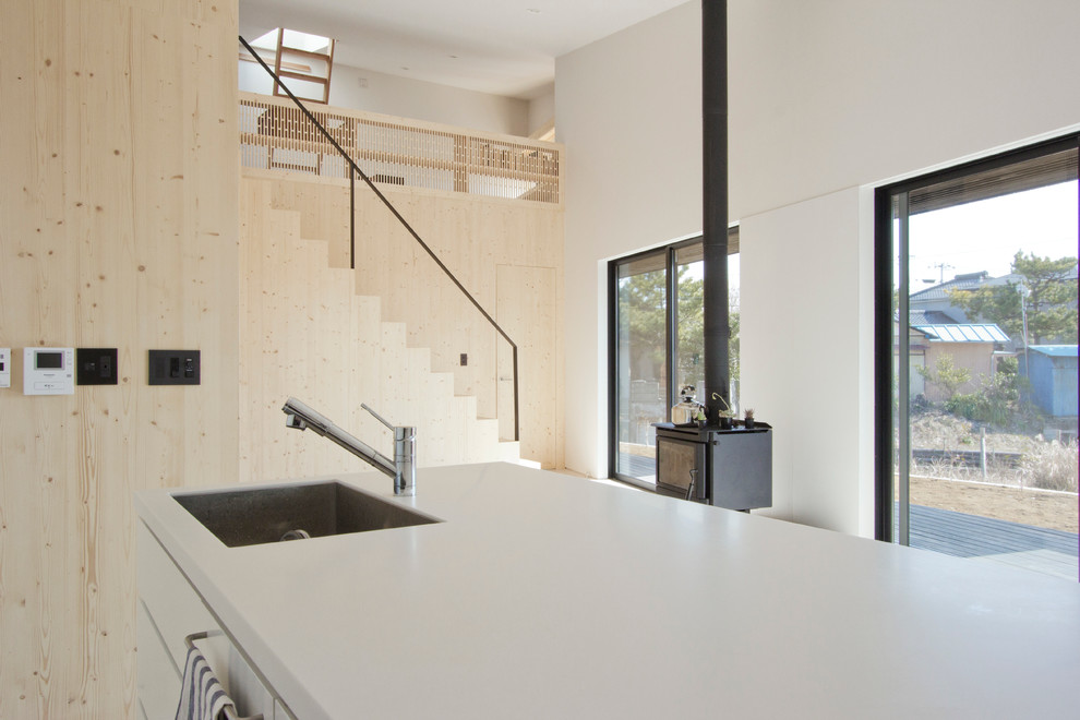 Inspiration for a modern kitchen in Other with a single-bowl sink, beaded cabinets and white cabinets.