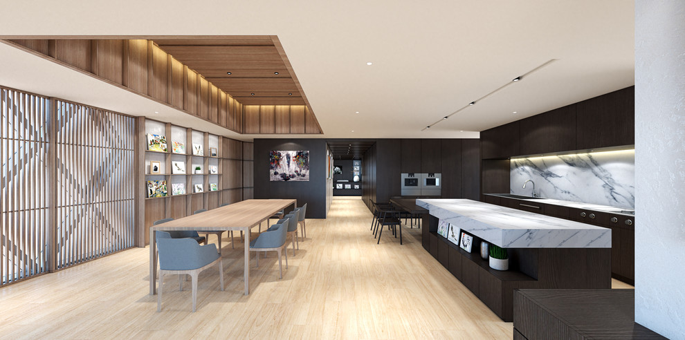 Design ideas for a large contemporary galley kitchen/diner in Tokyo with a submerged sink, flat-panel cabinets, dark wood cabinets, composite countertops, brown splashback, wood splashback, stainless steel appliances, medium hardwood flooring, an island, orange floors and white worktops.