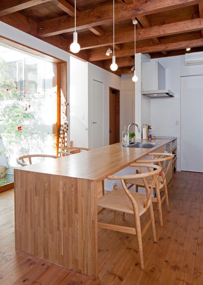 Пример оригинального дизайна: кухня в современном стиле с накладной мойкой, деревянной столешницей, белым фартуком, паркетным полом среднего тона и коричневой столешницей
