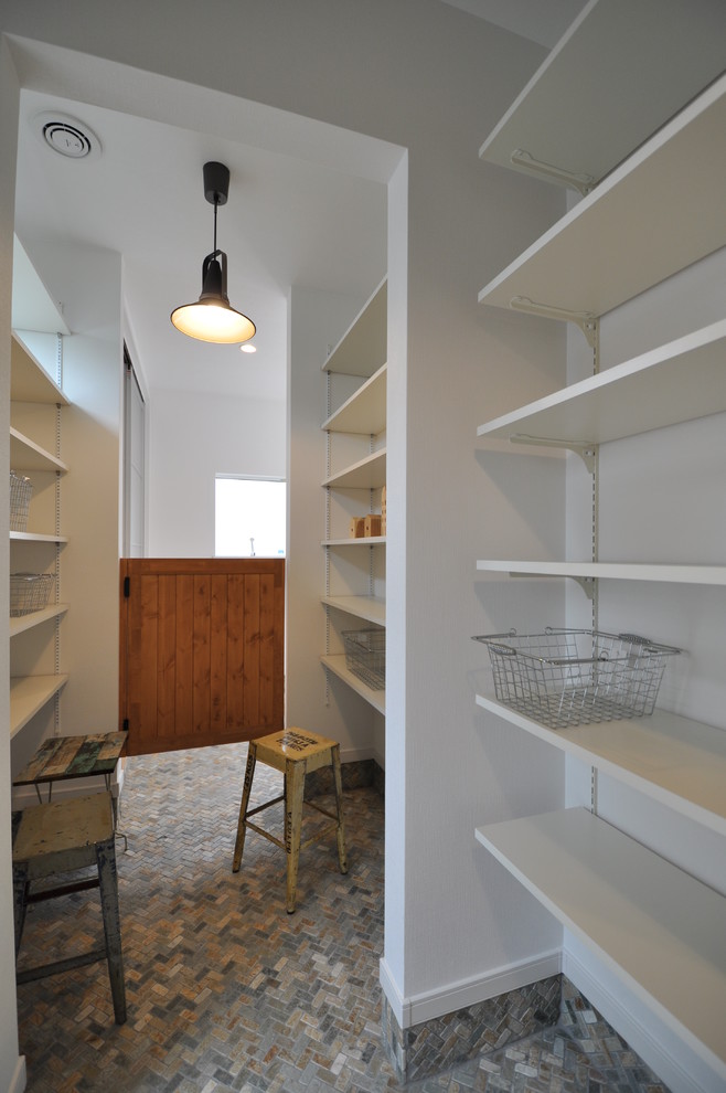 This is an example of a medium sized scandi kitchen pantry in Other with open cabinets, white cabinets and no island.