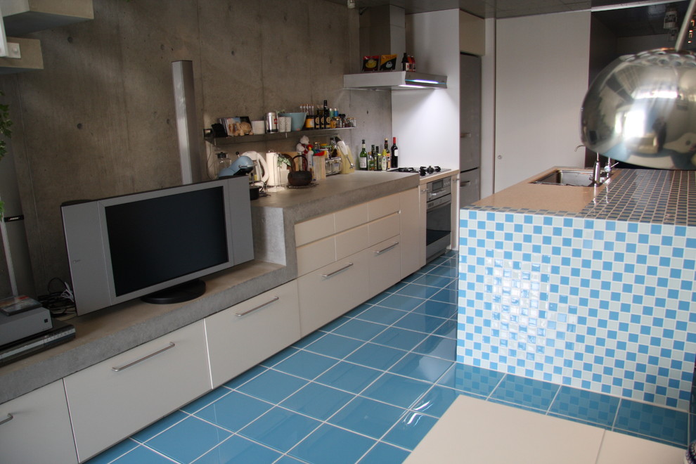 東京23区にある中くらいなエクレクティックスタイルのおしゃれなキッチン (アンダーカウンターシンク、フラットパネル扉のキャビネット、白いキャビネット、グレーのキッチンパネル、シルバーの調理設備、磁器タイルの床、タイルカウンター) の写真