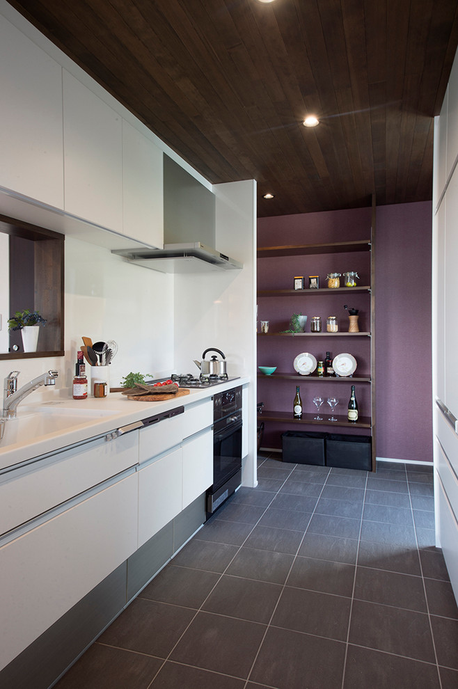他の地域にあるコンテンポラリースタイルのおしゃれなII型キッチン (一体型シンク、フラットパネル扉のキャビネット、白いキャビネット、白いキッチンパネル、グレーの床) の写真