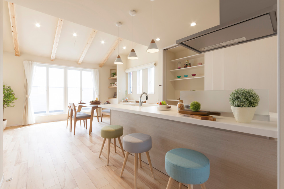 Idée de décoration pour une cuisine ouverte linéaire nordique avec un évier intégré, parquet clair, une péninsule et un sol beige.