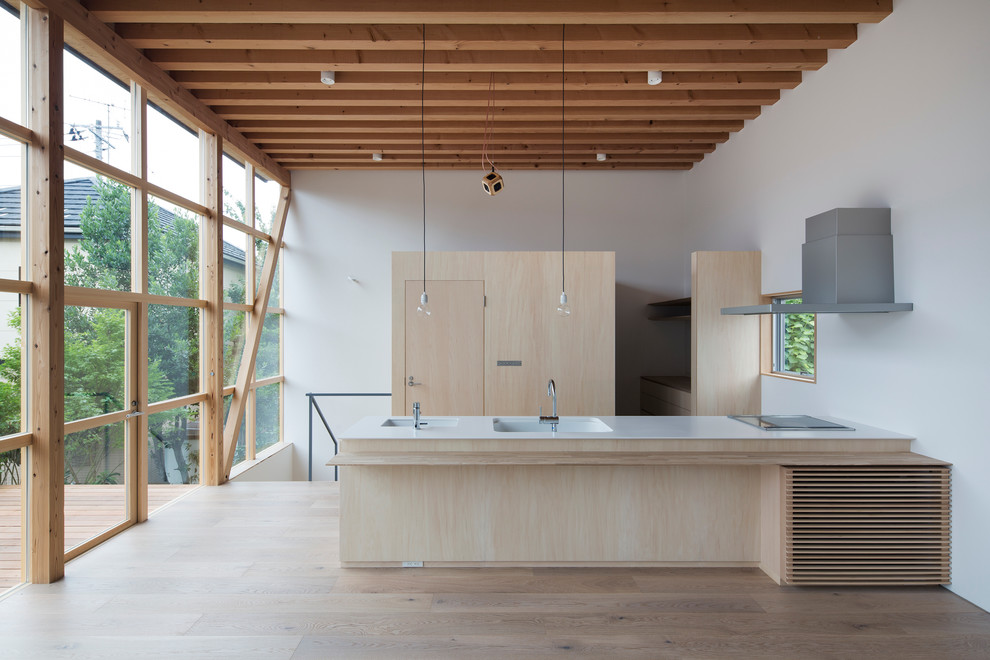 Imagen de cocina lineal contemporánea abierta con fregadero integrado, puertas de armario de madera clara, electrodomésticos de acero inoxidable, suelo de madera clara y península