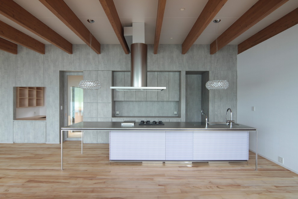 Example of an eclectic single-wall light wood floor kitchen design in Other with a single-bowl sink and an island