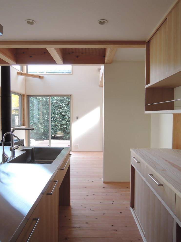 Réalisation d'une cuisine ouverte parallèle asiatique en bois clair avec un évier intégré, un placard à porte plane, un plan de travail en inox et parquet clair.