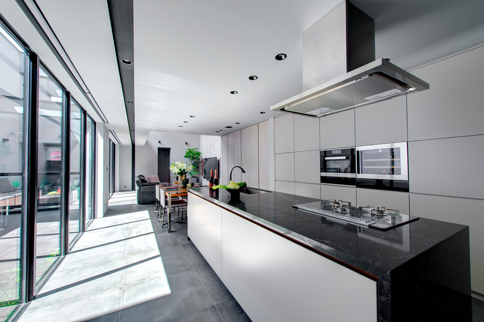Offene, Zweizeilige Moderne Küche mit Waschbecken, flächenbündigen Schrankfronten, grauen Schränken, Betonboden, Kücheninsel und grauem Boden in Tokio