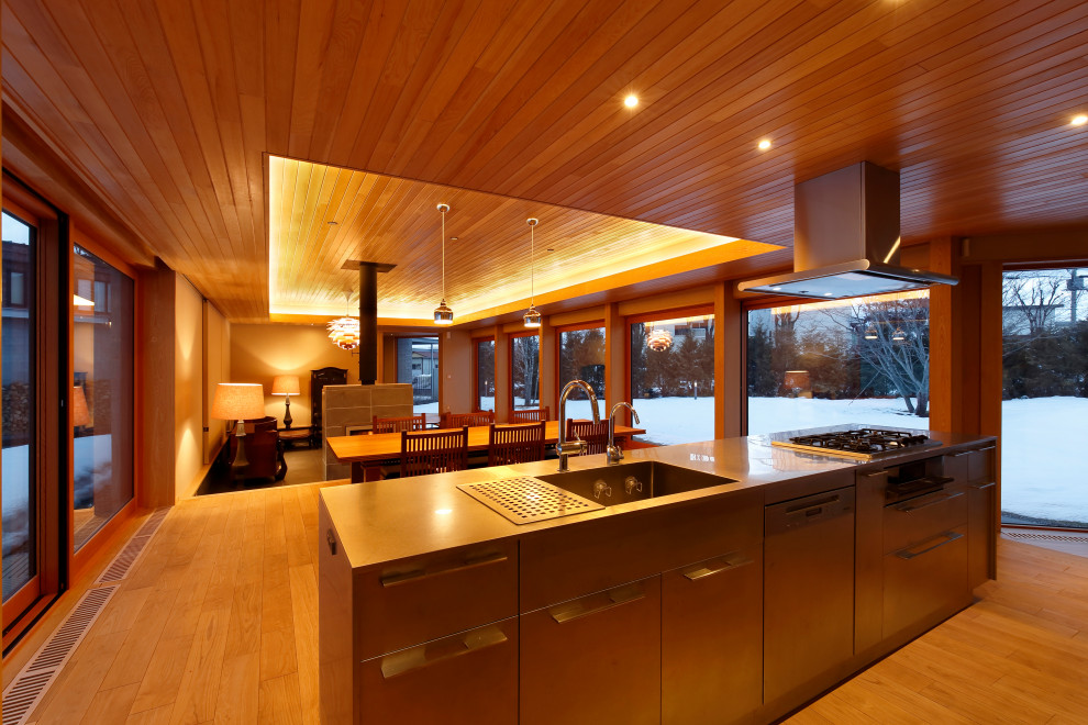 Exemple d'une grande cuisine ouverte parallèle moderne en inox avec un évier intégré, un plan de travail en inox, un électroménager en acier inoxydable, un sol en bois brun et îlot.