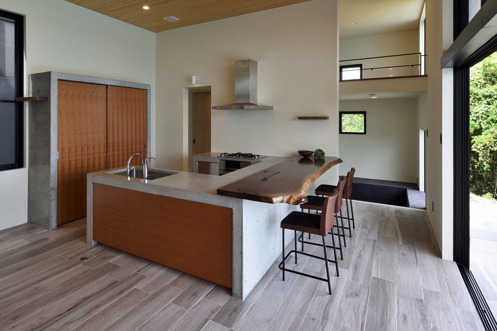 Offene Moderne Küche in U-Form mit Waschbecken, Betonarbeitsplatte, gebeiztem Holzboden, Kücheninsel und grauem Boden in Sonstige