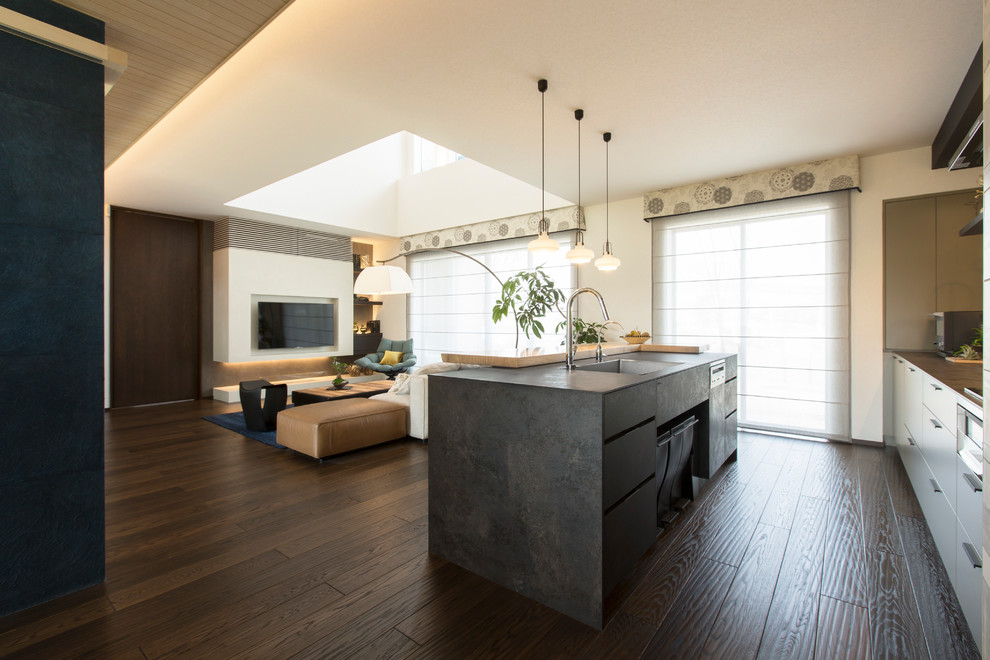 Asian single-wall brown floor open concept kitchen photo in Tokyo with an undermount sink, beaded inset cabinets, distressed cabinets, black appliances, an island and black countertops