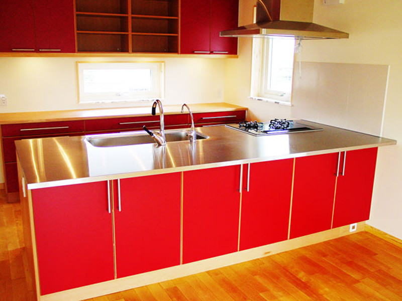 Источник вдохновения для домашнего уюта: прямая кухня-гостиная среднего размера в скандинавском стиле с красными фасадами