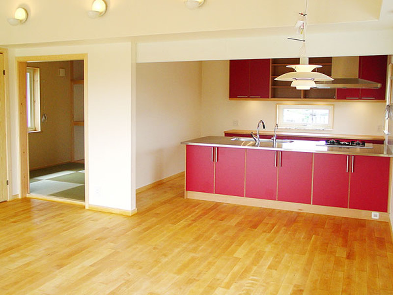 This is an example of a medium sized scandinavian single-wall open plan kitchen in Kobe with red cabinets.