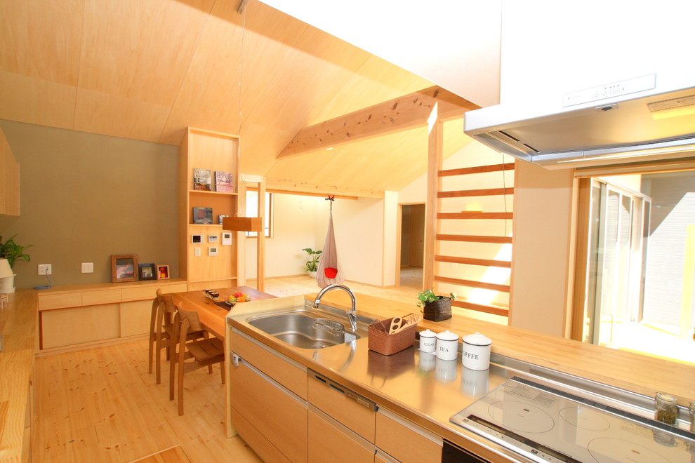 Idée de décoration pour une cuisine minimaliste avec un évier 1 bac, un sol en bois brun, îlot et un sol beige.