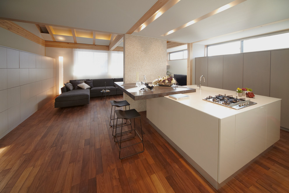 Свежая идея для дизайна: прямая кухня-гостиная в современном стиле с монолитной мойкой, серыми фасадами и темным паркетным полом - отличное фото интерьера