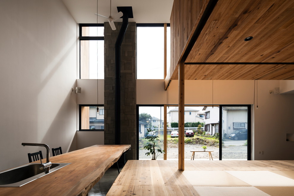Пример оригинального дизайна: параллельная кухня-гостиная в современном стиле с врезной мойкой и деревянной столешницей