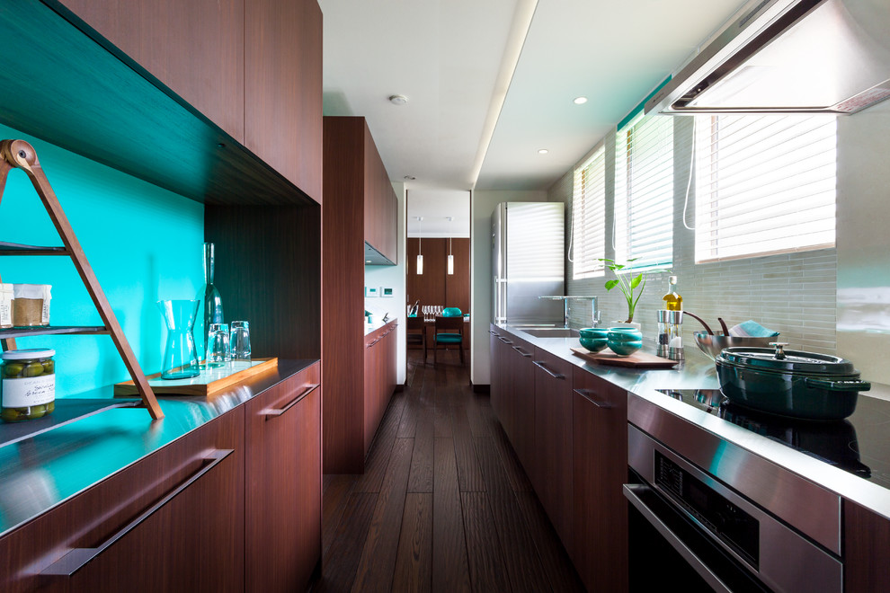 Enclosed kitchen - contemporary galley dark wood floor enclosed kitchen idea in Tokyo Suburbs with flat-panel cabinets, brown cabinets, stainless steel countertops and no island