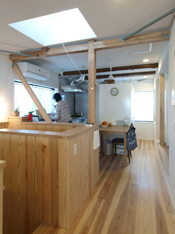 Esempio di una cucina lineare nordica chiusa con parquet chiaro e pavimento beige