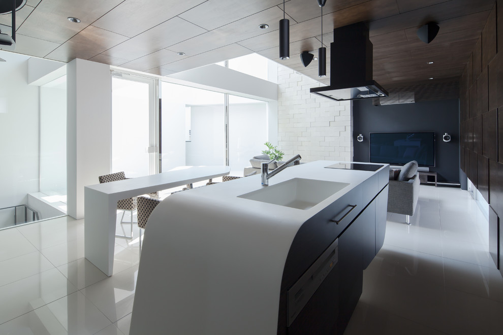 Aménagement d'une cuisine ouverte parallèle contemporaine avec un évier intégré, un placard à porte plane, des portes de placard noires, un électroménager noir et îlot.
