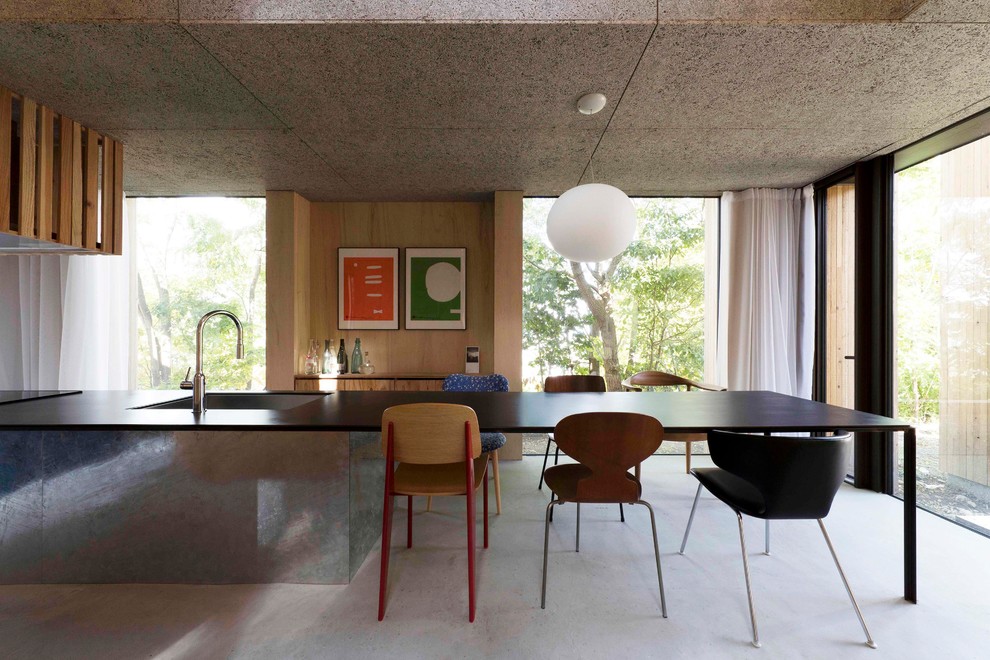 Idee per una cucina minimalista con lavello sottopiano, pavimento in cemento, pavimento grigio e top nero