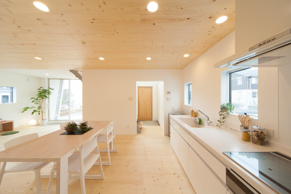 Idéer för att renovera ett funkis linjärt kök med öppen planlösning, med en integrerad diskho, släta luckor, vita skåp, vitt stänkskydd, ljust trägolv, en köksö och brunt golv