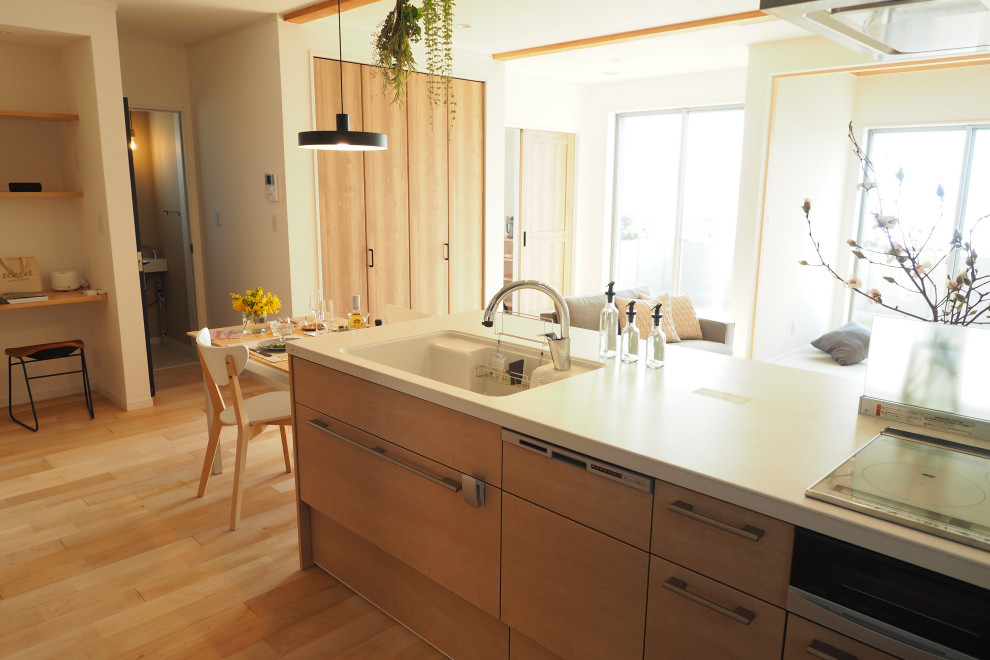 Réalisation d'une cuisine ouverte parallèle minimaliste en bois clair de taille moyenne avec un placard à porte affleurante, une crédence beige, un électroménager de couleur, parquet clair, îlot, un sol beige, un plan de travail beige et un plafond en papier peint.