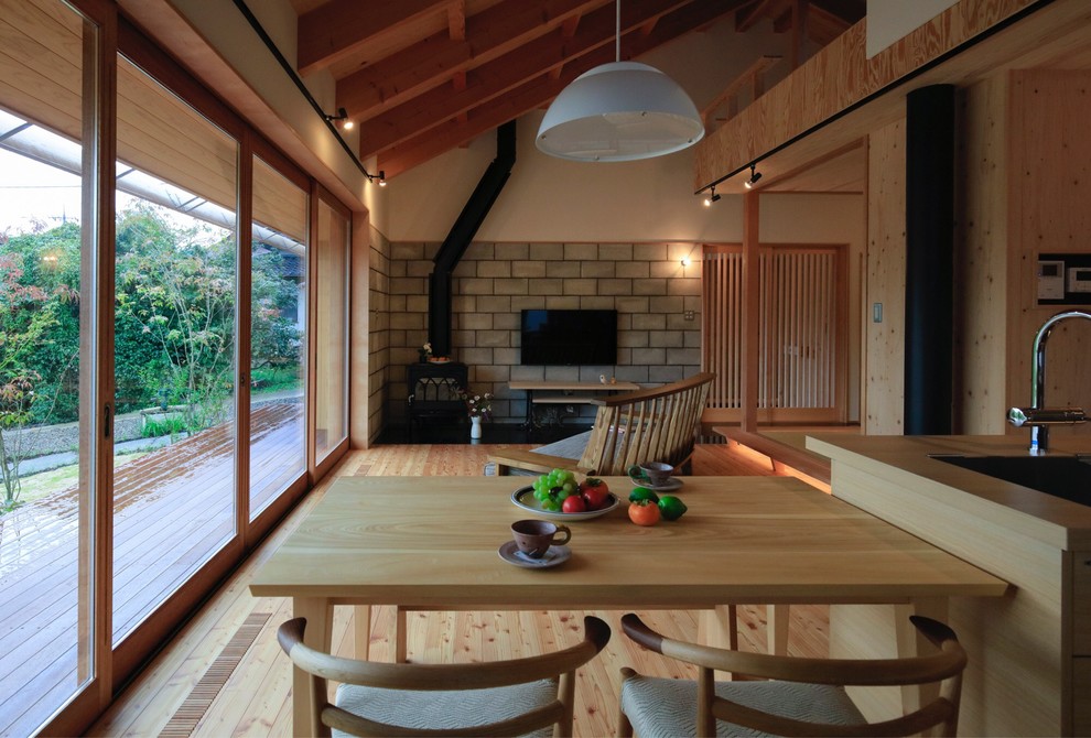 Cette image montre une cuisine ouverte linéaire asiatique en bois clair avec un évier encastré, un placard à porte affleurante, un électroménager en acier inoxydable, parquet clair, une péninsule et un sol beige.