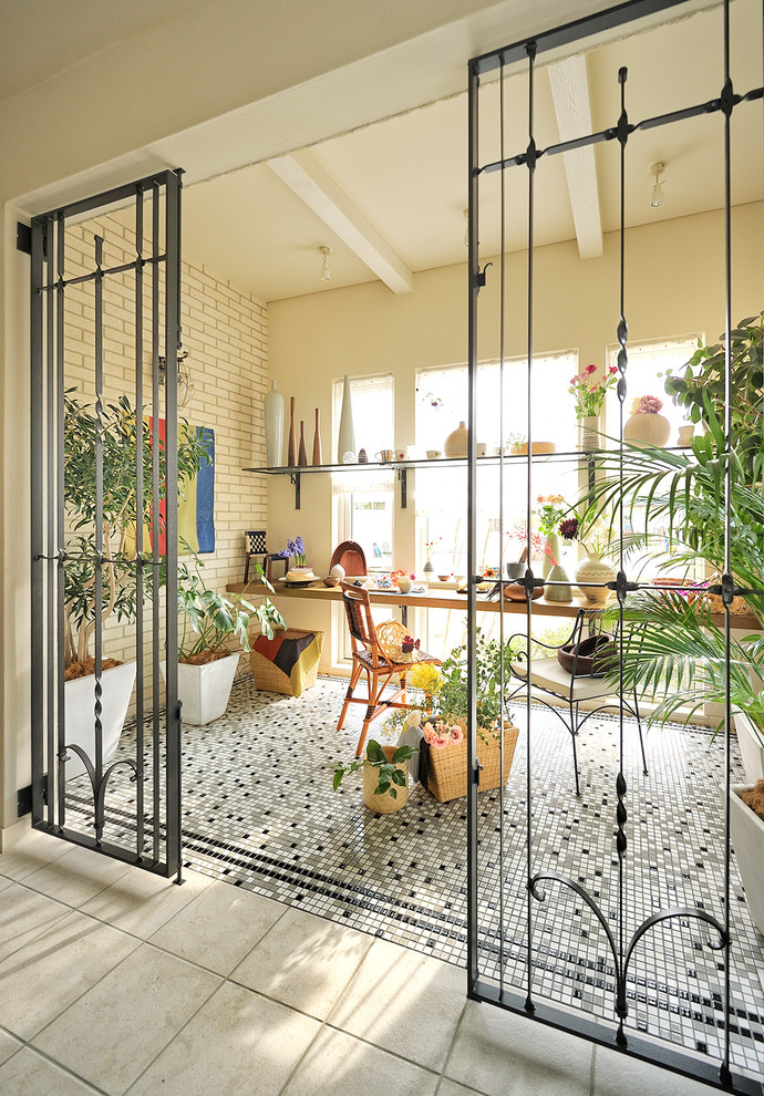 Design ideas for a small bohemian conservatory in Tokyo with a standard ceiling, porcelain flooring, no fireplace and multi-coloured floors.