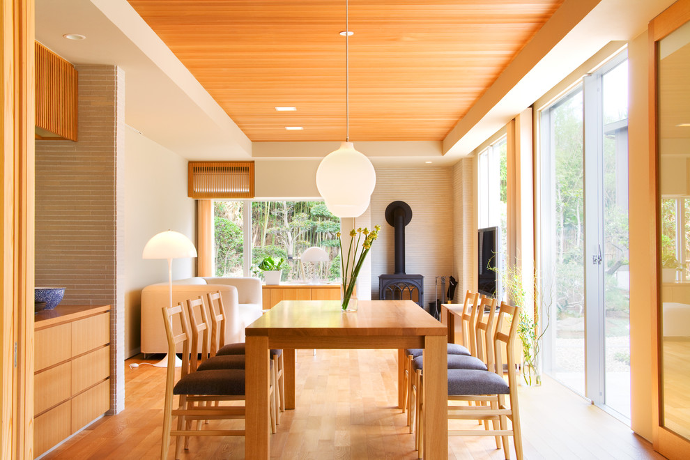 Ispirazione per una sala da pranzo aperta verso il soggiorno etnica con pareti beige, parquet chiaro, stufa a legna e pavimento beige