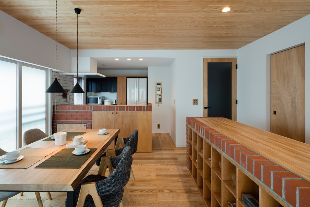 Exemple d'une salle à manger ouverte sur le salon tendance avec un mur blanc, parquet clair et un sol marron.