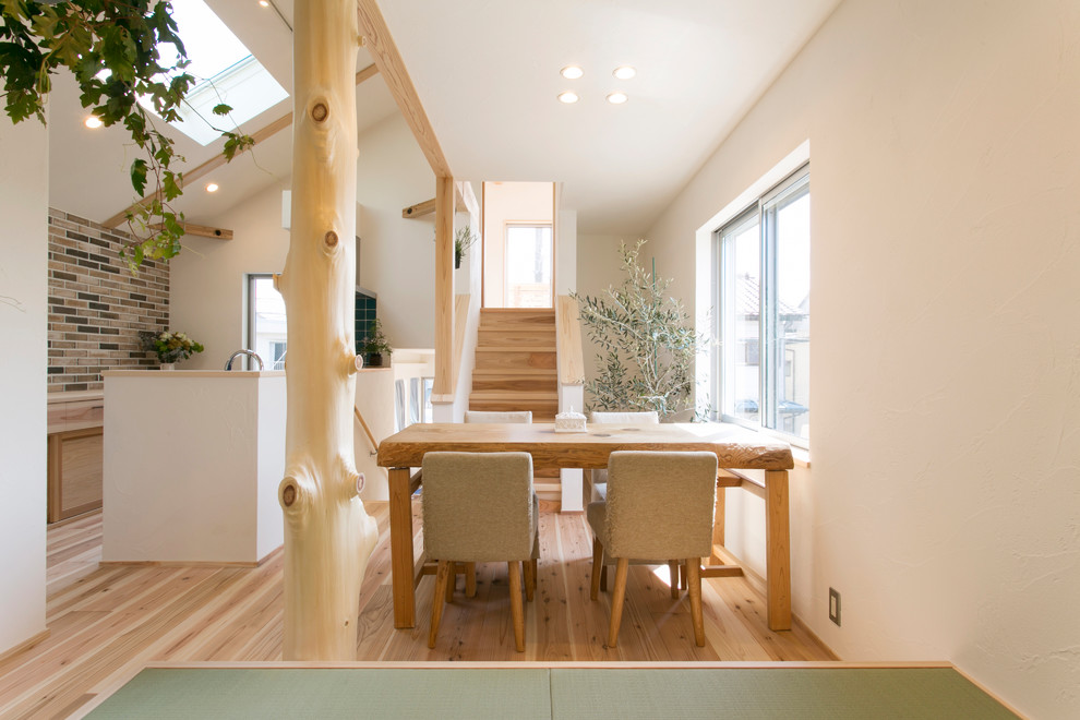 Diseño de comedor de estilo zen con paredes blancas, suelo de madera en tonos medios y suelo marrón