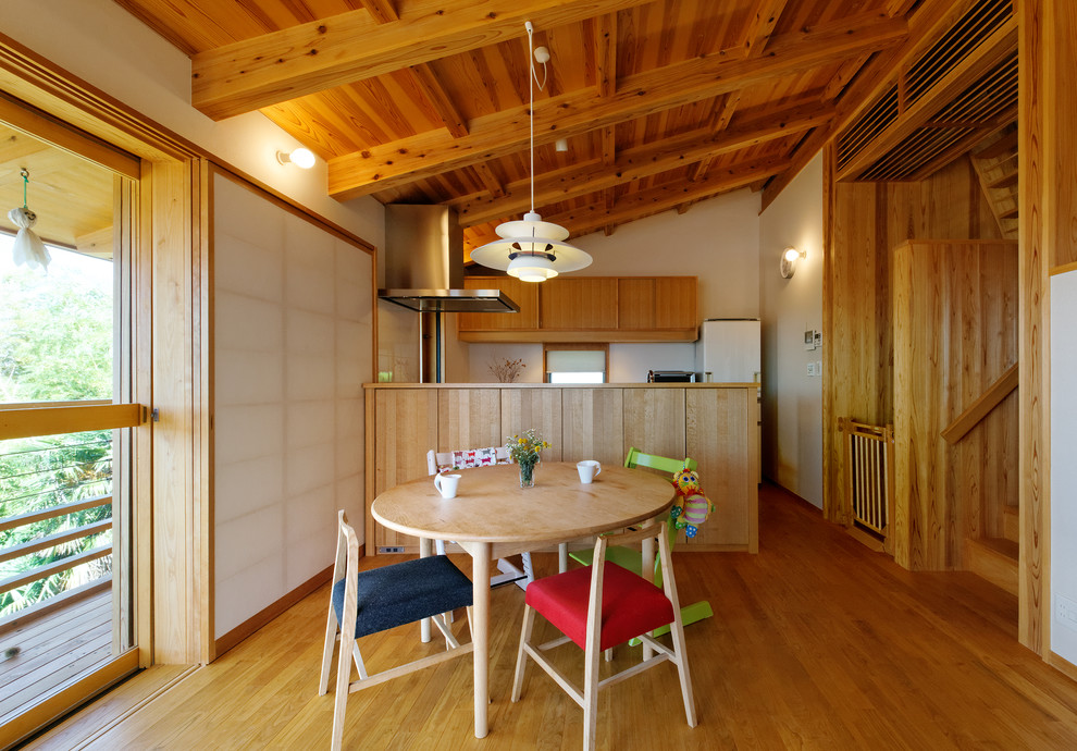 Moderne Wohnküche mit beiger Wandfarbe und hellem Holzboden in Sonstige