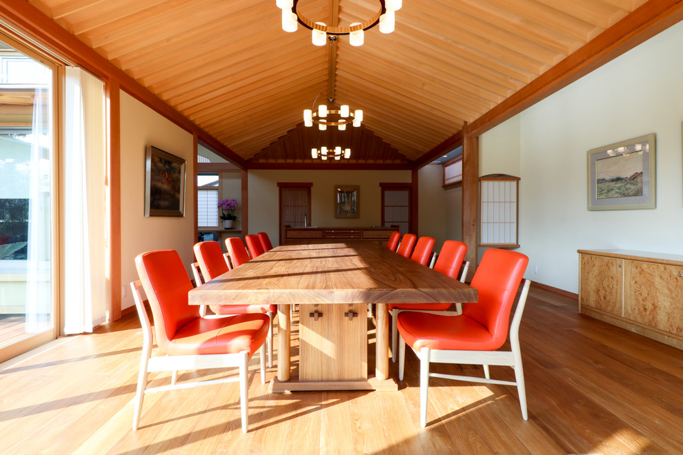 Ejemplo de comedor de estilo zen grande abierto con paredes beige, suelo de madera en tonos medios y suelo marrón