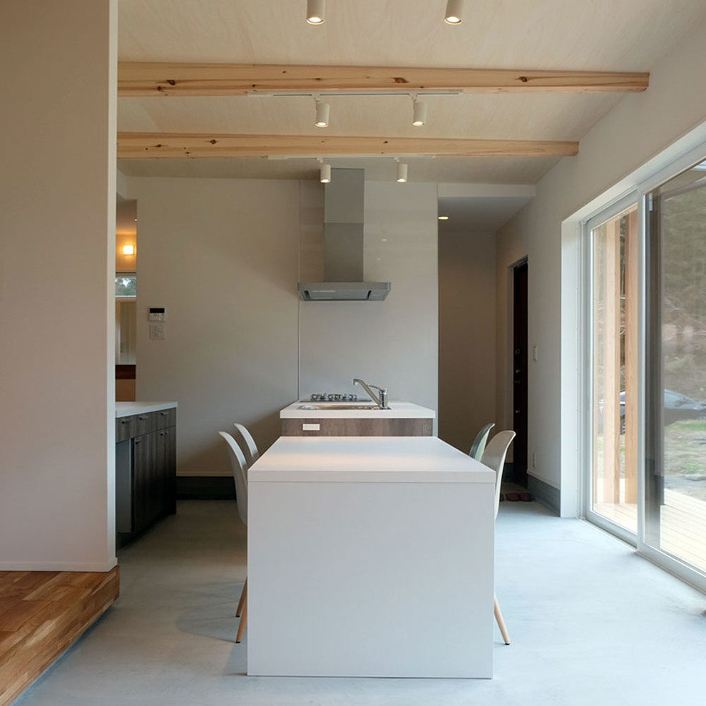 Imagen de comedor minimalista abierto con paredes blancas y suelo blanco