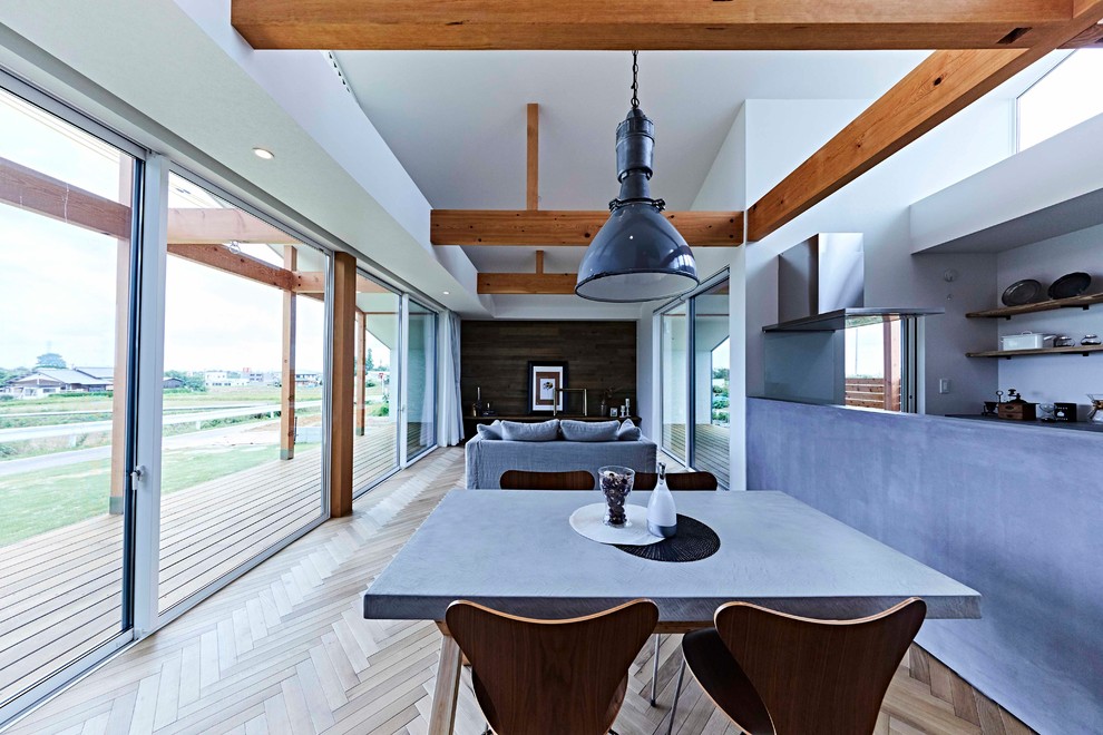 Ispirazione per una grande sala da pranzo aperta verso il soggiorno contemporanea con pareti bianche, pavimento in legno massello medio e pavimento marrone
