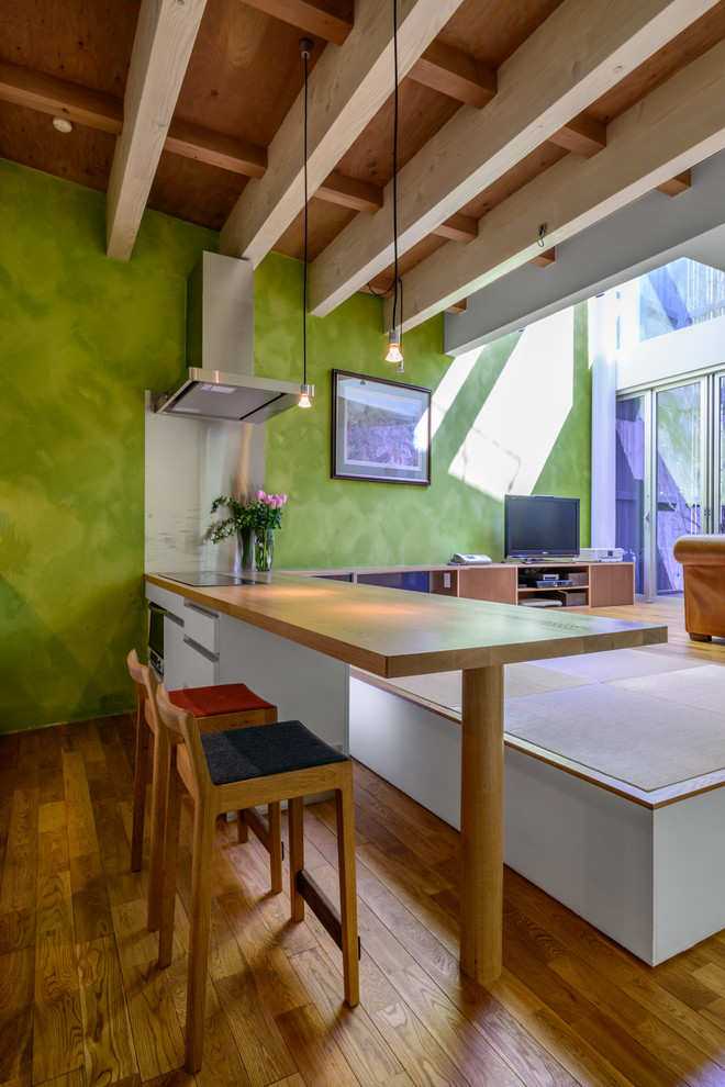 Источник вдохновения для домашнего уюта: столовая в современном стиле с зелеными стенами и паркетным полом среднего тона без камина