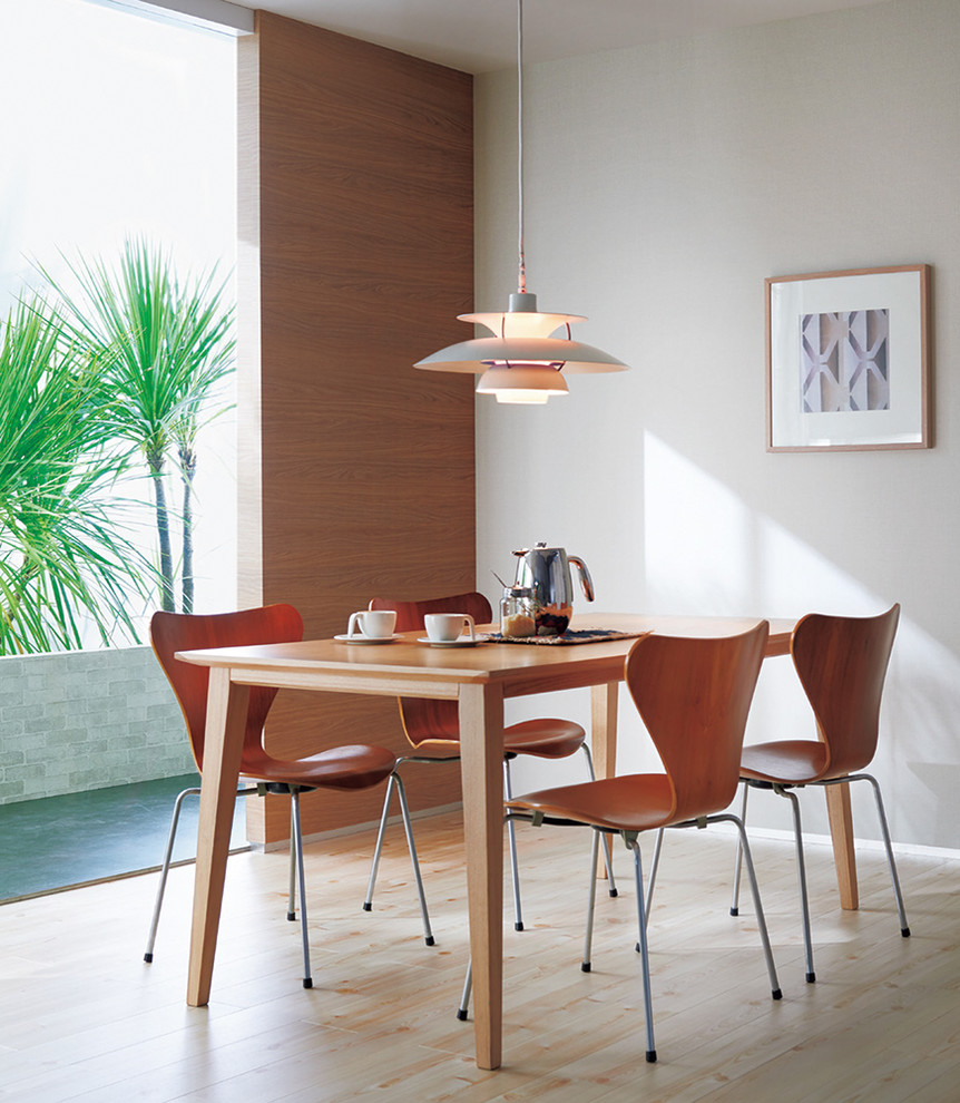 This is an example of a contemporary dining room in Other with white walls and light hardwood flooring.