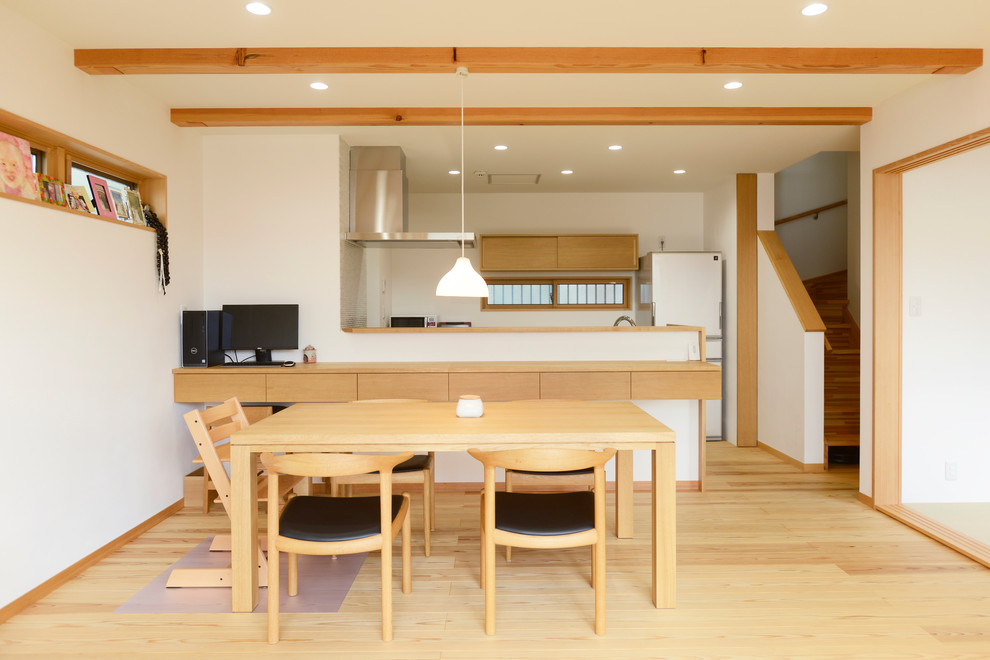Ejemplo de comedor de estilo zen con paredes blancas, suelo de madera clara y suelo marrón