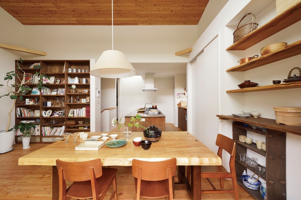 Diseño de comedor minimalista pequeño abierto sin chimenea con paredes blancas, suelo de madera en tonos medios y suelo beige