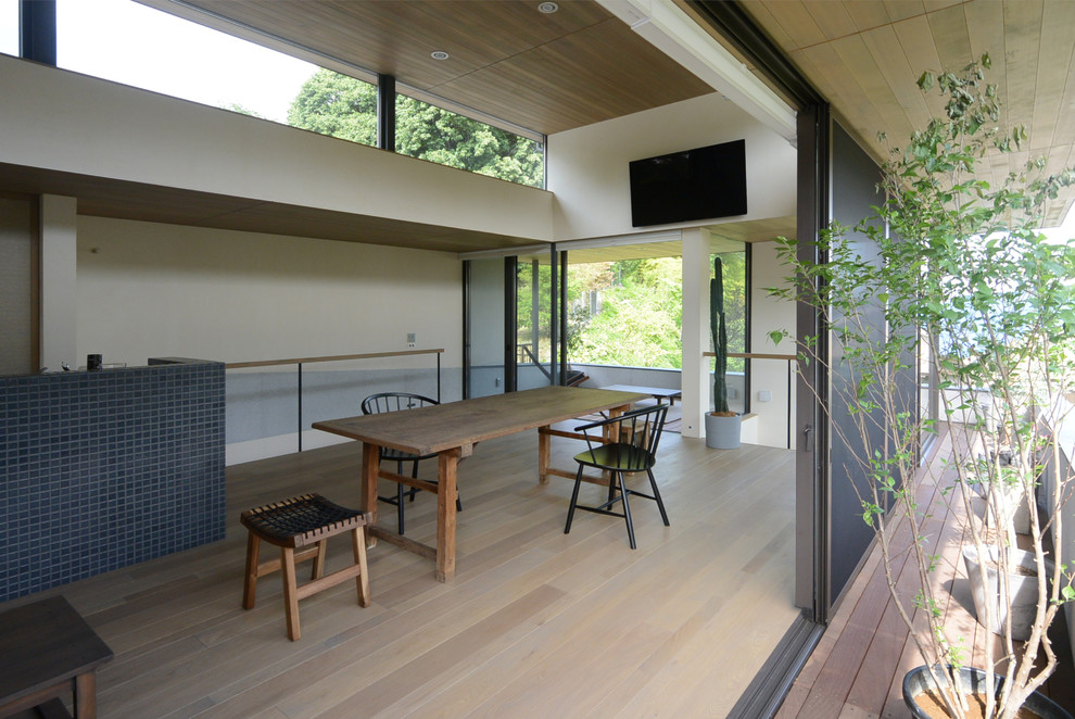 Photo of a world-inspired dining room in Yokohama with white walls, painted wood flooring and beige floors.