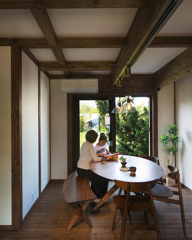 Inspiration pour une salle à manger asiatique avec un mur blanc, parquet foncé et un sol marron.