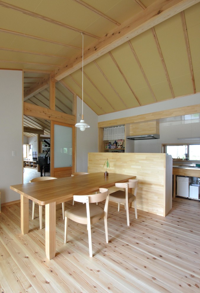 Exemple d'une salle à manger ouverte sur la cuisine asiatique avec un mur blanc, parquet clair et un sol beige.