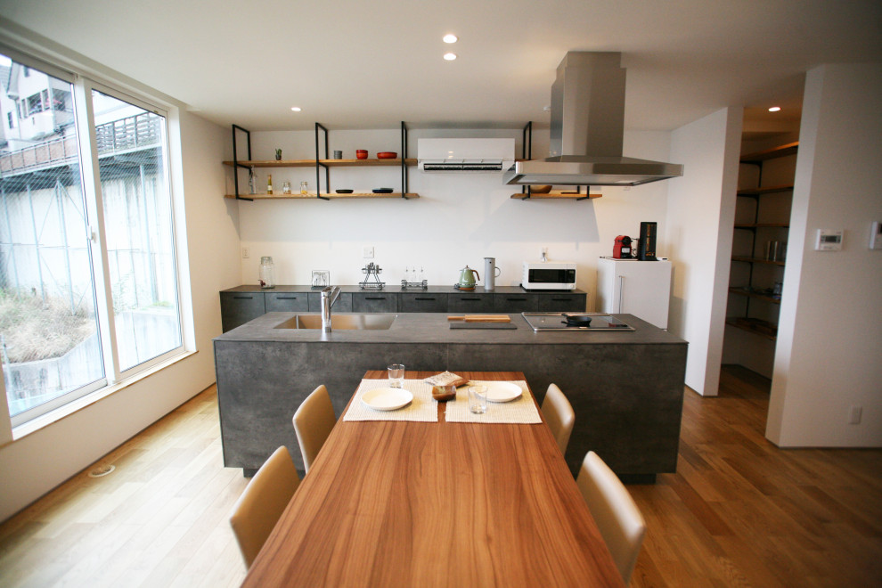 Moderne Wohnküche mit weißer Wandfarbe, braunem Holzboden, Tapetendecke und Tapetenwänden in Sonstige